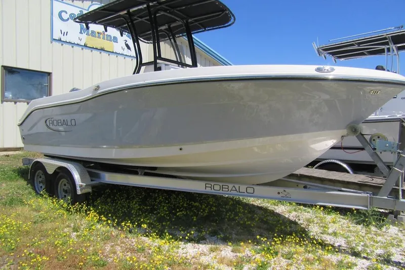 The Image of 2025 Robalo R200 Center Console boat on trailer at marina. - 0