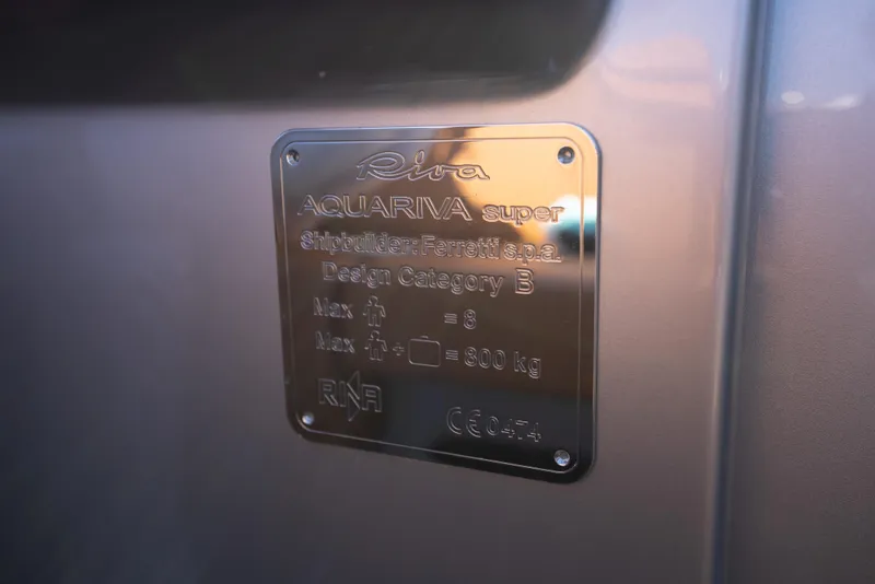 Slide: The Image of 2020 Riva Aquariva Super nameplate on boat, displaying model details and specifications. - 29