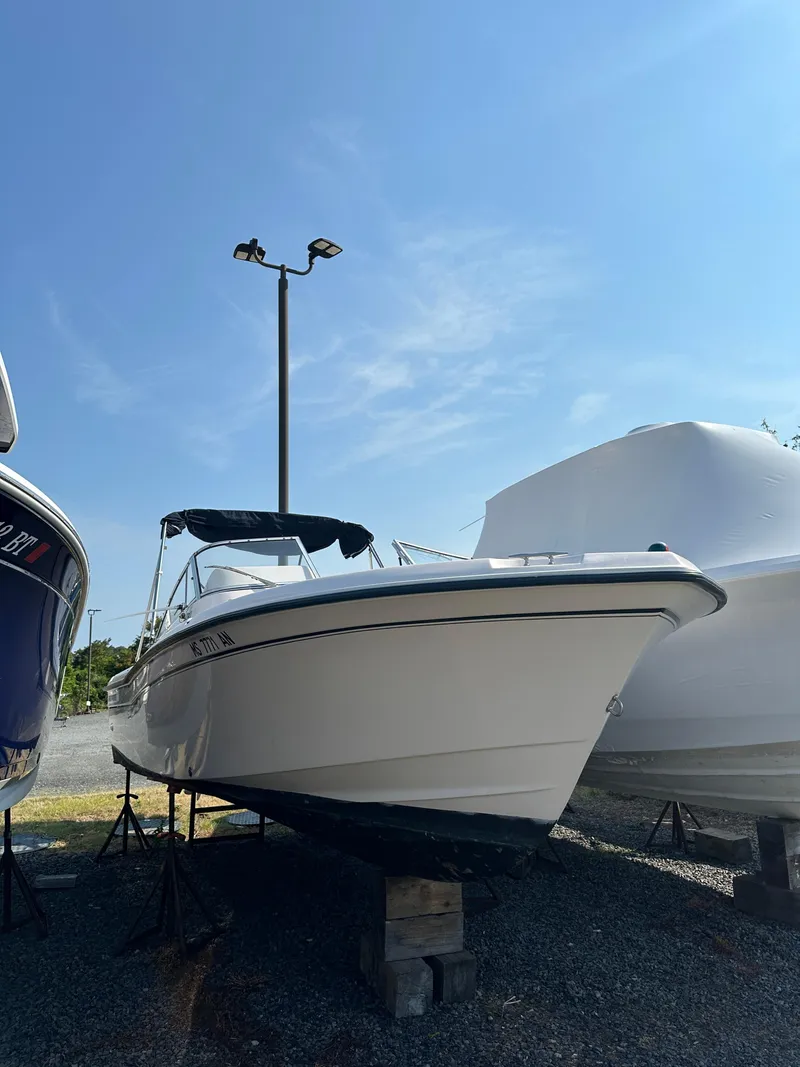 Slide: The Image of 2006 Grady-White 225 Tournament boat on stands under a clear blue sky. - 3