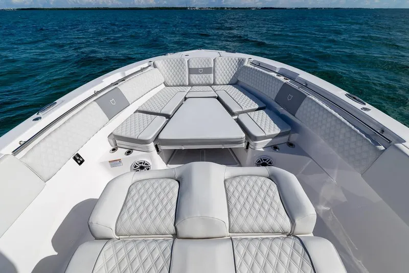 Slide: The Image of Luxurious seating on 2025 Sea Fox 368 Commander boat, featuring elegant diamond-stitched upholstery. - 30