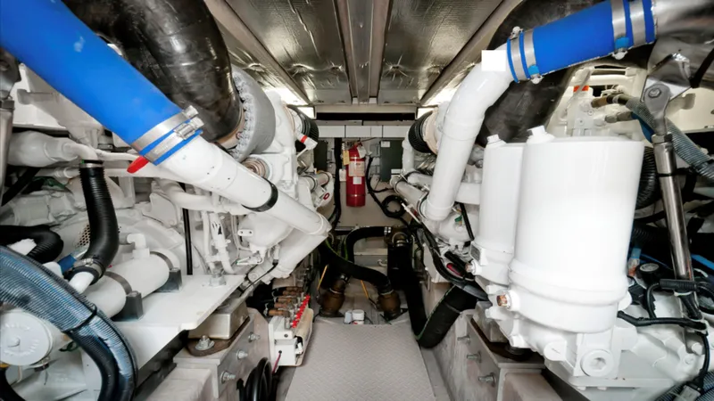 Slide: The Image of Engine room of 2006 Sea Ray 58 Sedan Bridge with visible pipes and equipment. - 11
