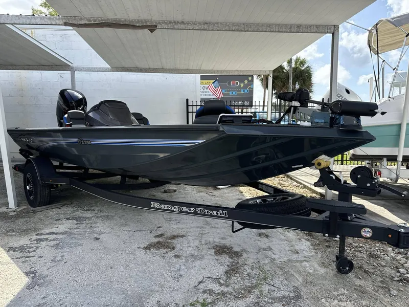 Slide: The Image of 2024 Ranger 178 boat on a Ranger Trail trailer under a canopy. - 6