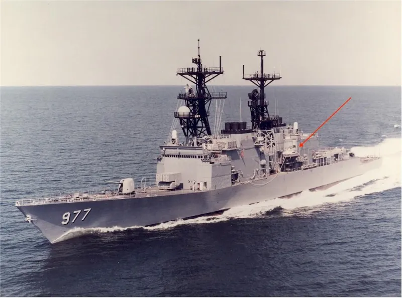 Slide: The Image of 1990 MTI 26-Foot US NAVY Personnel Boat on a naval ship, model 977, at sea. - 4