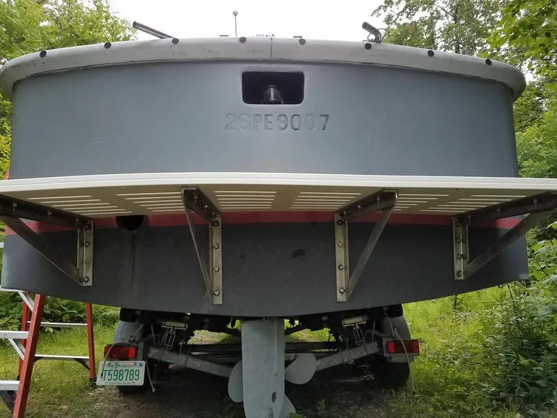 Slide: The Image of 1990 MTI 26-Foot US NAVY Personnel Boat rear view on trailer. - 46