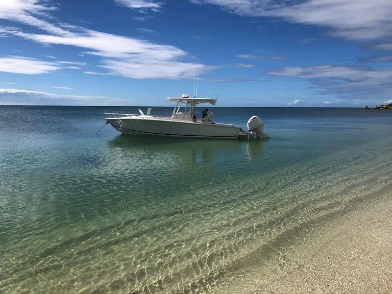 Slide: The Image of 2017 Jupiter 32 Cuddy Cabin boat anchored in clear, shallow water. - 2