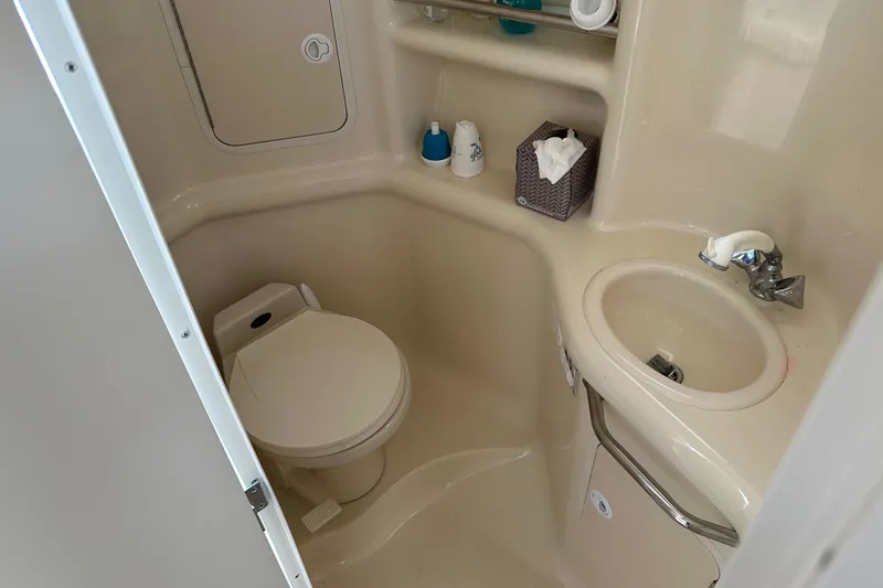 Slide: The Image of 1999 Sea Ray 310 Sundancer bathroom with toilet, sink, and storage shelves. - 21