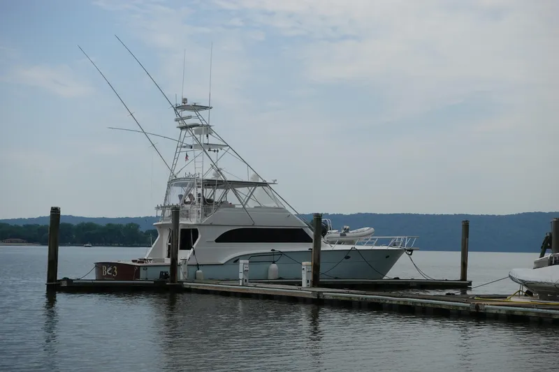 Slide: The Image of 1988 Donzi Z-65 Tournament Fisherman yacht docked at a marina, calm water, overcast sky. - 5