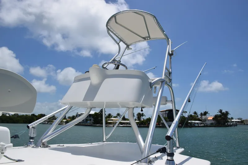 Slide: The Image of 2015 SeaVee 370z boat with elevated helm station on a sunny day. - 47
