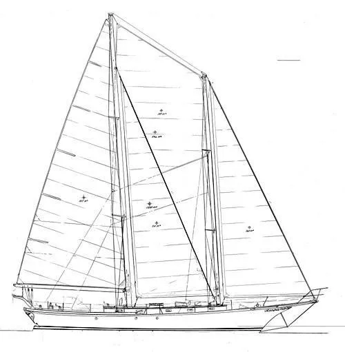 Slide: The Image of Line drawing of a 1983 Cherubini Schooner sailboat. - 2