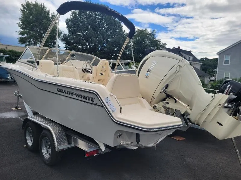 Slide: The Image of 2025 Grady-White Freedom 215 boat on trailer, outdoor setting, clear sky. - 6