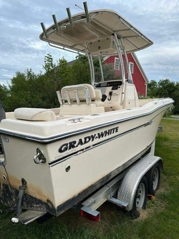 Slide: The Image of 2016 Grady-White 209 Fisherman boat on a trailer in a grassy area. - 3