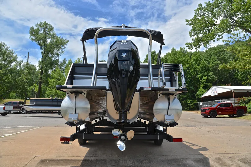 Slide: The Image of 2023 Viaggio Diamante 26 U Platinum pontoon boat rear view with outboard motor. - 13