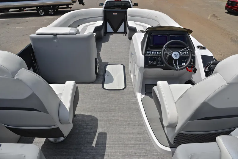 Slide: The Image of 2023 Viaggio Diamante 26 U Platinum boat interior with modern seating and control console. - 26