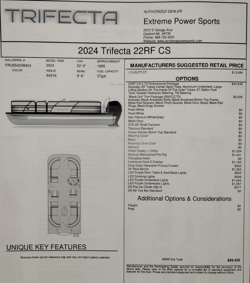 Slide: The Image of 2024 Trifecta 22RFCS pontoon boat specifications and pricing details from Extreme Power Sports. - 8