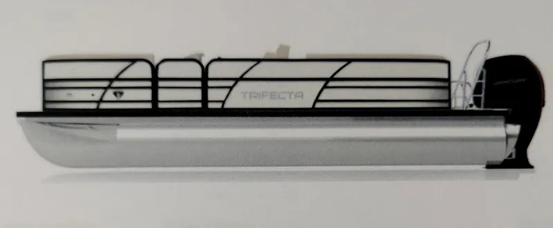 Slide: The Image of 2024 Trifecta 22RFCS pontoon boat, side view, sleek design, modern features, outboard motor. - 9