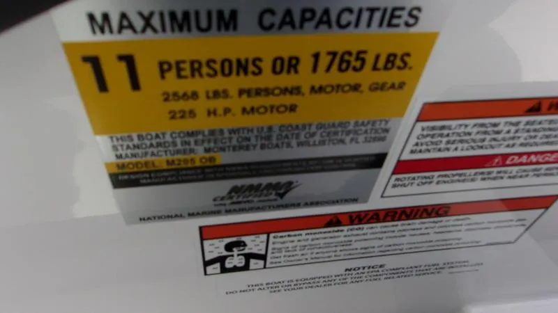 Slide: The Image of 2025 Monterey M 205 capacity label: 11 persons or 1765 lbs, 225 HP motor. - 14