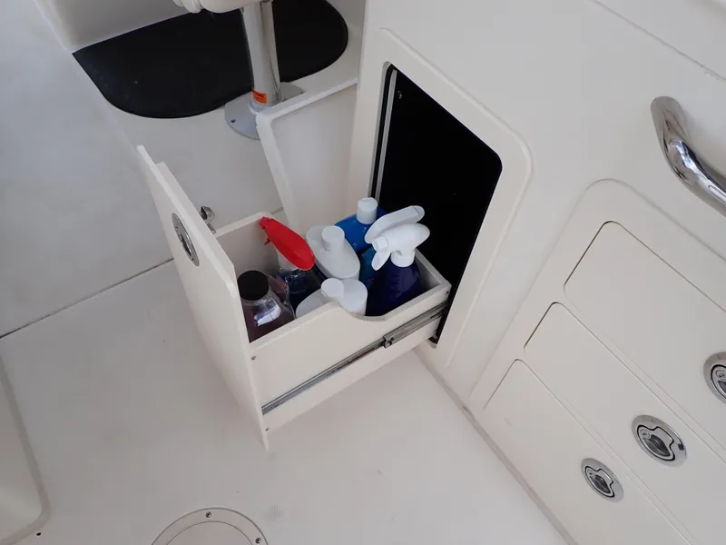 Slide: The Image of Storage compartment with cleaning supplies on a 2019 Grady-White Freedom 275 boat. - 45