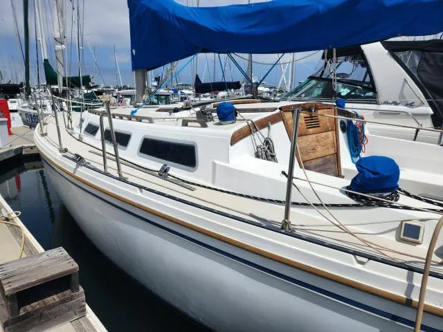 Slide: The Image of 1985 Catalina 36 sailboat docked at marina with blue covers. - 42
