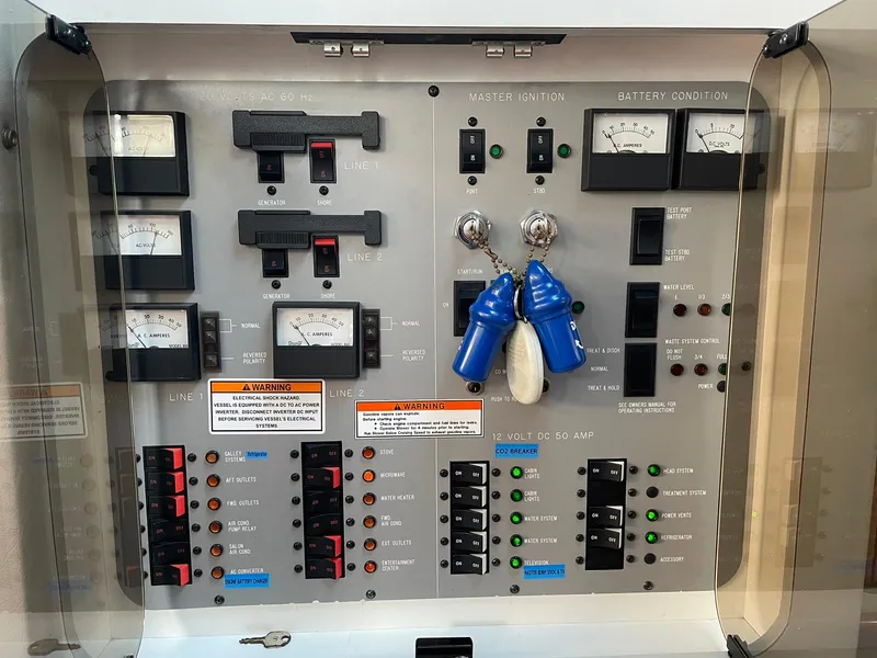 Slide: The Image of Control panel of a 1989 Sea Ray 420 boat with gauges and switches. - 29