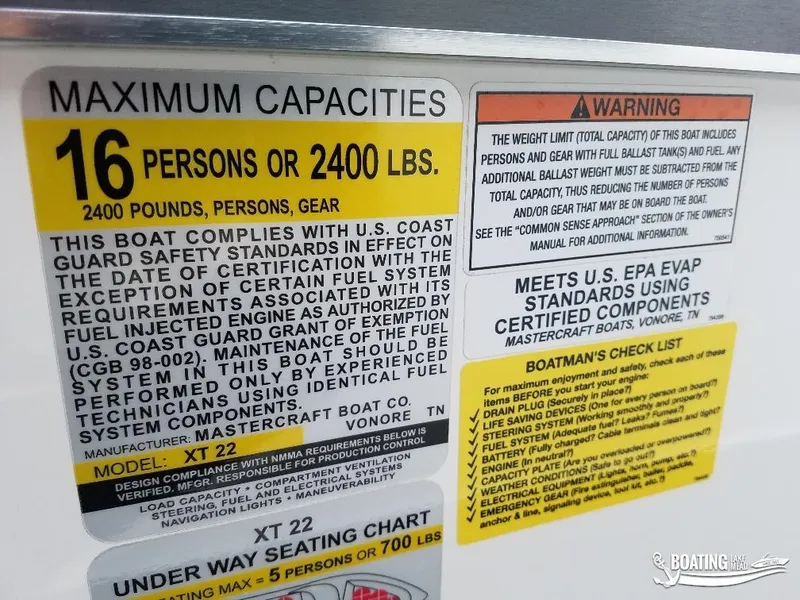 Slide: The Image of 2018 MasterCraft XT 22 boat capacity and safety compliance labels. - 12