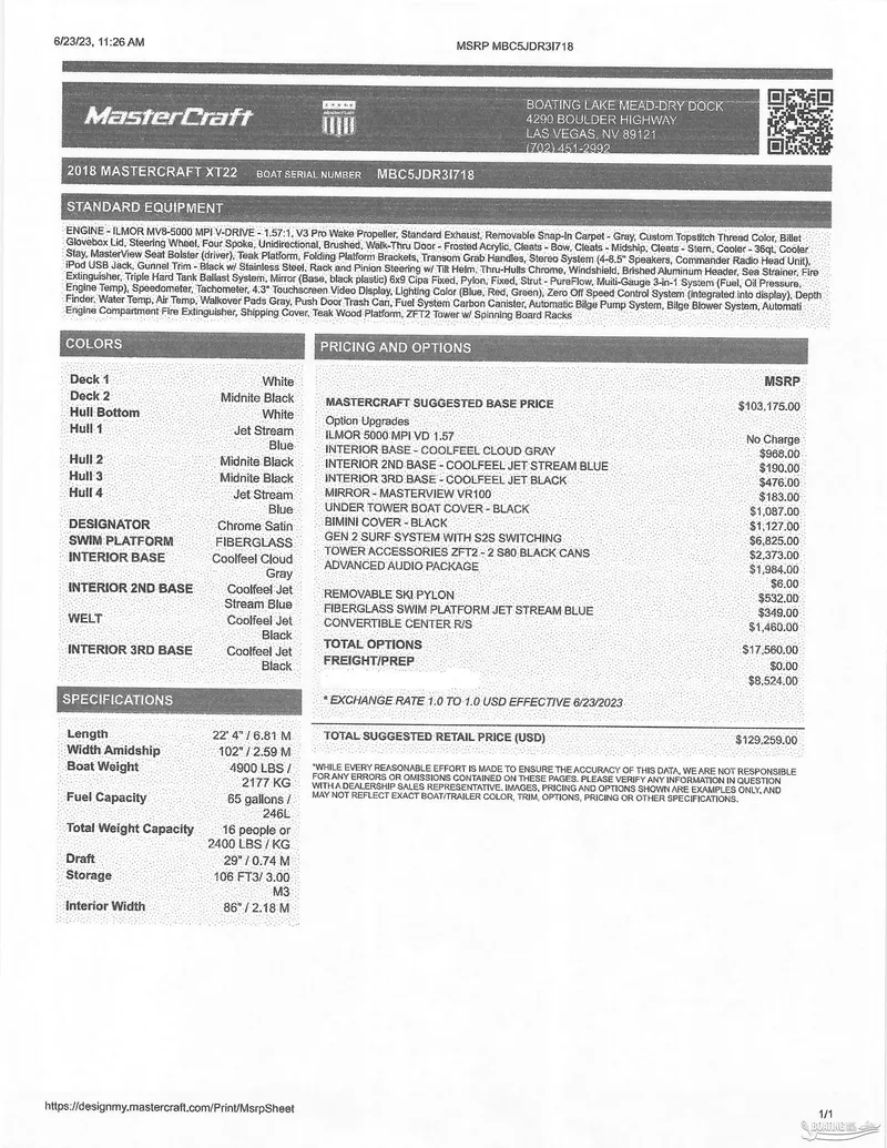 Slide: The Image of 2018 MasterCraft XT22 boat specifications, pricing, and options sheet. - 19