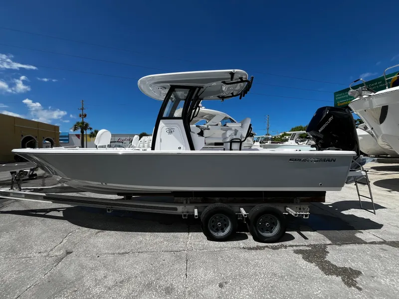 Slide: The Image of 2024 Sportsman Masters 247 Bay Boat on trailer, side view. - 5