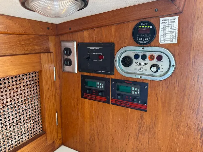 Slide: The Image of Control panel of a 1980 Alden 44 sailboat with various switches and gauges. - 29