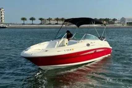 Slide: The Image of 2007 Sea Ray 240 Sundeck boat cruising on water with a person at the helm. - 2