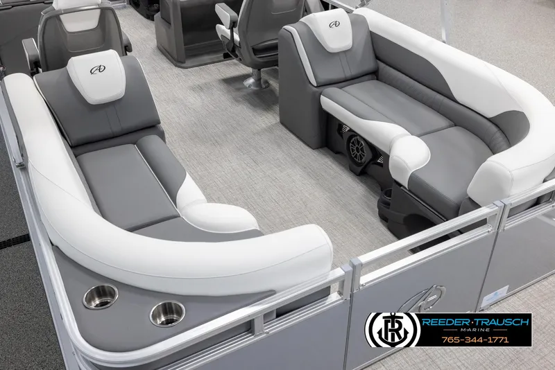 Slide: The Image of 2024 Avalon LSZ QL pontoon boat interior with gray and white seating. - 11