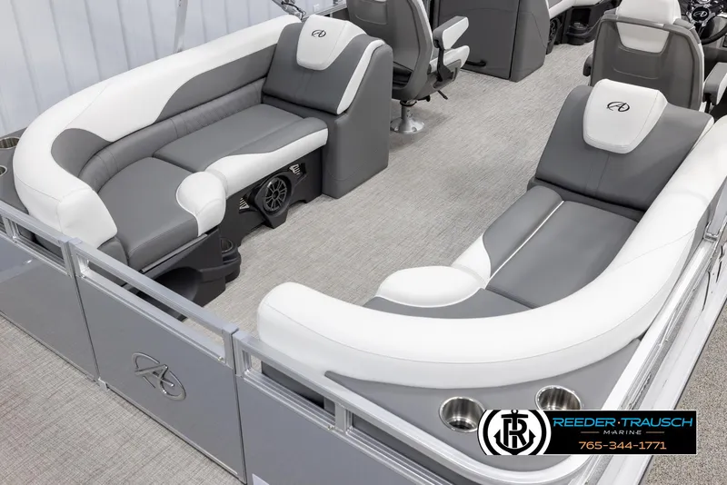 Slide: The Image of 2024 Avalon LSZ QL pontoon boat interior with gray and white seating. - 12
