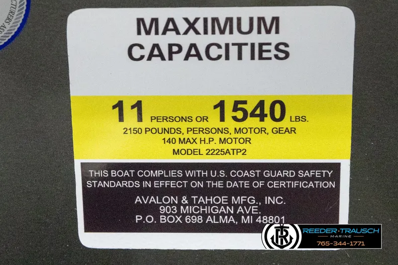Slide: The Image of 2024 Avalon LSZ QL boat capacity label: 11 persons or 1540 lbs, 140 max HP motor. - 44