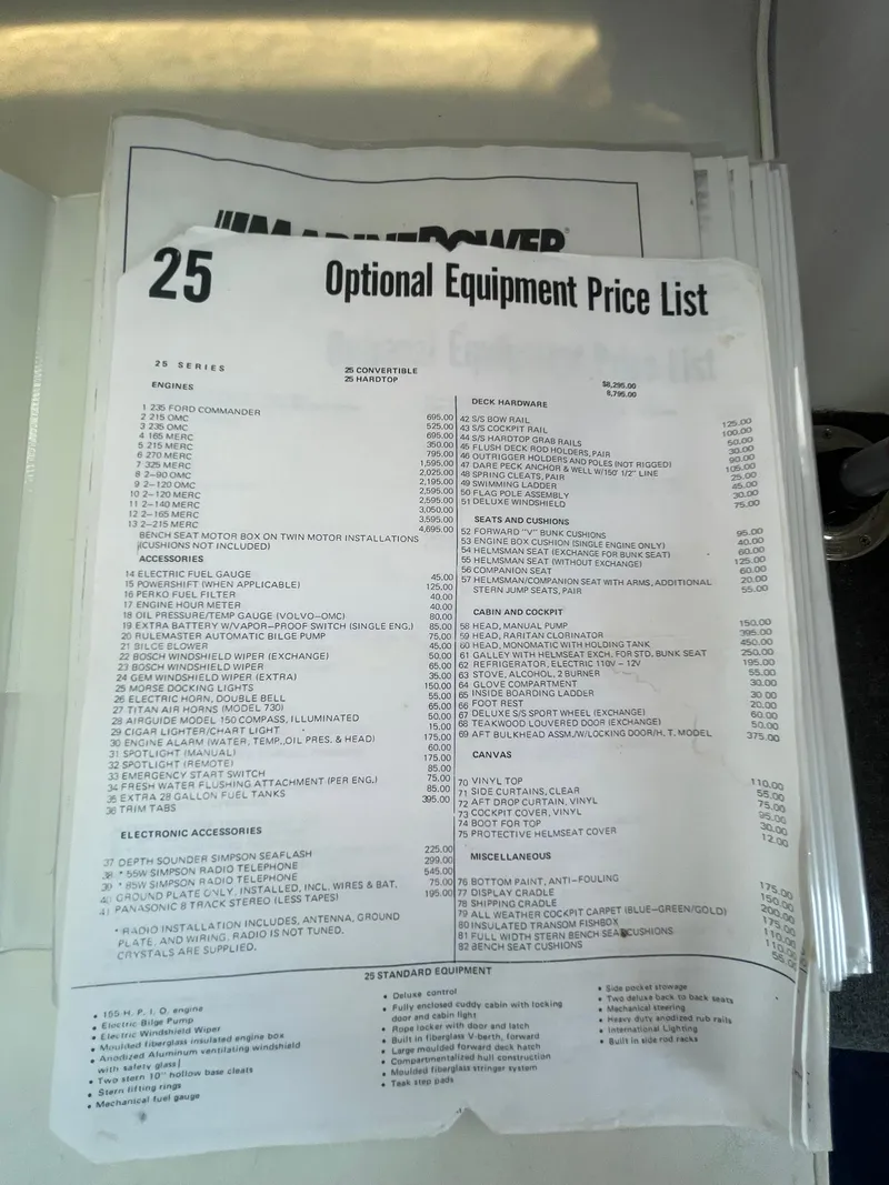 Slide: The Image of 1976 Allmand 25 Express Inboard optional equipment price list document. - 43