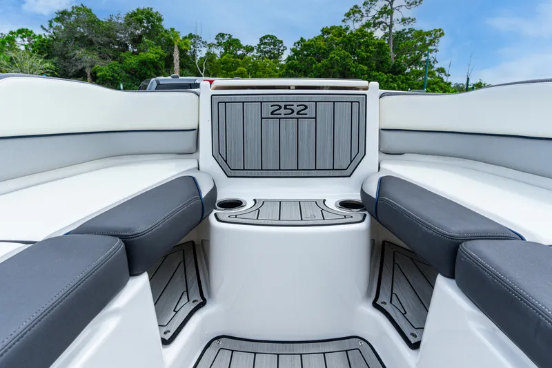 Slide: The Image of 2021 Yamaha Boats 252S interior with sleek seating and modern design. - 45