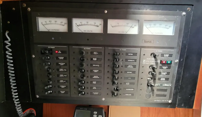 Slide: The Image of 1988 Sabre 38 MkII electrical control panel with gauges and switches. - 24