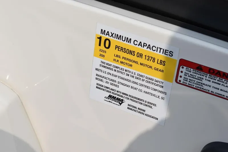 Slide: The Image of 2024 Stingray 201DC capacity label: 10 persons or 1378 lbs, 200 HP motor. - 35