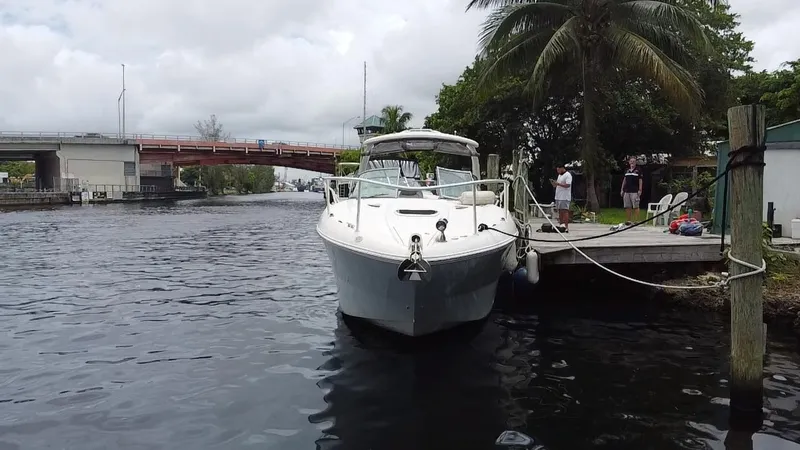 Slide: The Image of 2008 Sea Ray 310 Sundancer docked by a palm tree near a bridge. - 2