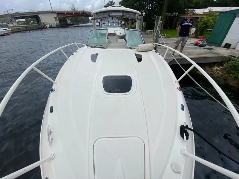 Slide: The Image of 2008 Sea Ray 310 Sundancer boat docked by the water. - 5