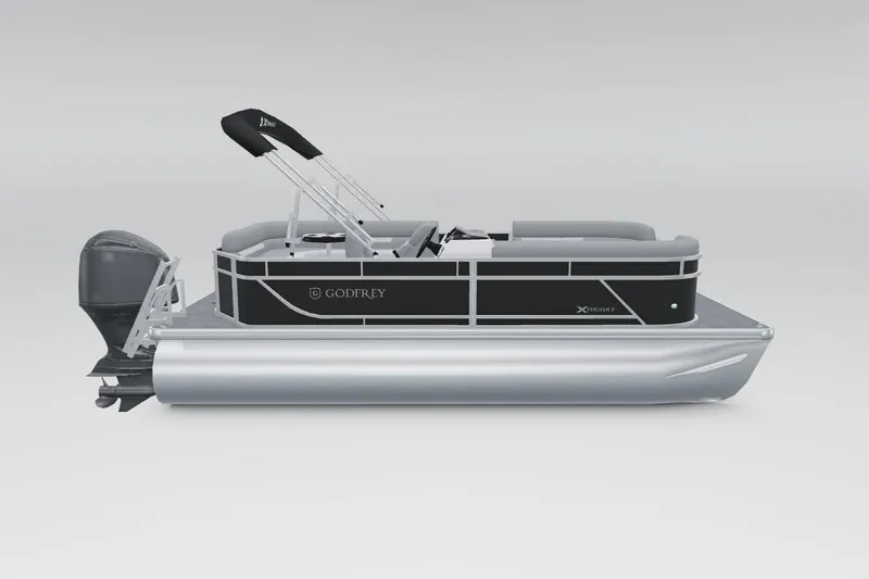 Slide: The Image of 2024 Sweetwater 2086 CX pontoon boat, sleek design, black and silver finish, side view. - 12