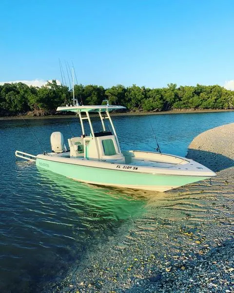 Slide: The Image of 2021 ShearWater 250 Carolina Bay boat docked on a serene riverbank. - 16