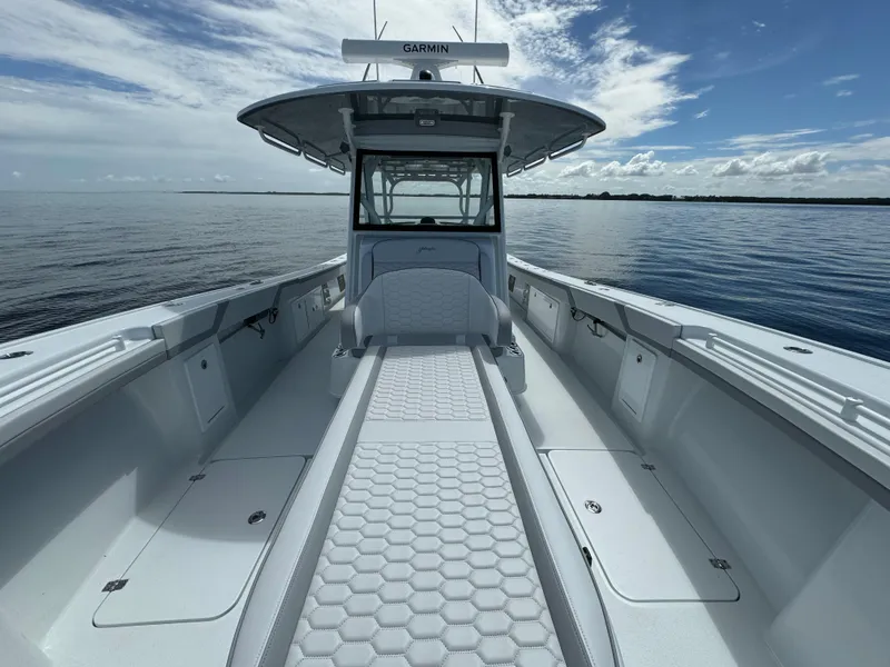 Slide: The Image of 2024 Yellowfin 39 boat with spacious deck and advanced Garmin navigation system. - 28