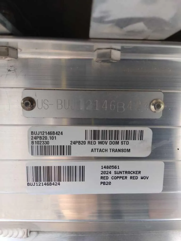 Slide: The Image of 2024 Sun Tracker Party Barge 20 DLX identification plate with serial numbers and model details. - 12