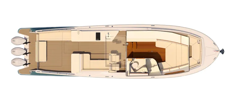 Slide: The Image of Top view of 2025 MJM 35 boat layout with triple outboard engines. - 42