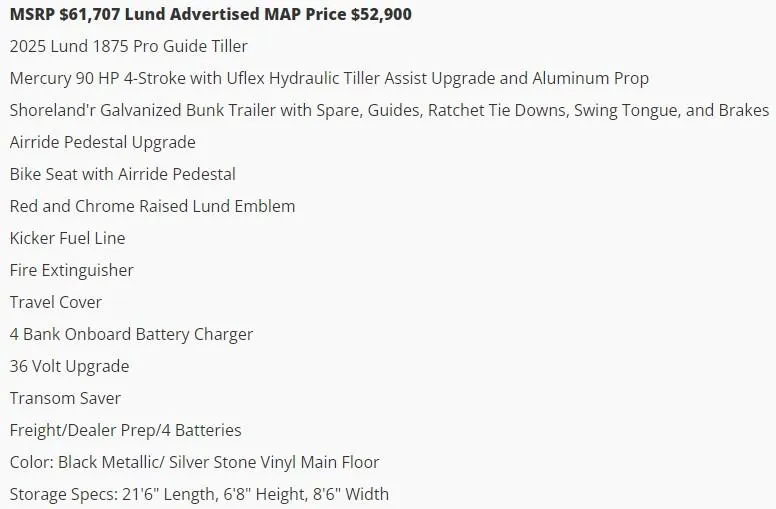 Slide: The Image of 2025 Lund 1875 Pro Guide Tiller boat features and pricing details. - 6