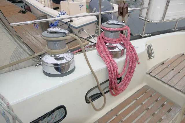 Slide: The Image of Winches and ropes on a 1970 Southern Ocean GALLANT 53 sailboat deck. - 41