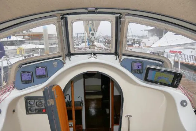 Slide: The Image of Interior cockpit view of a 1970 Southern Ocean GALLANT 53 sailboat with navigation instruments. - 42