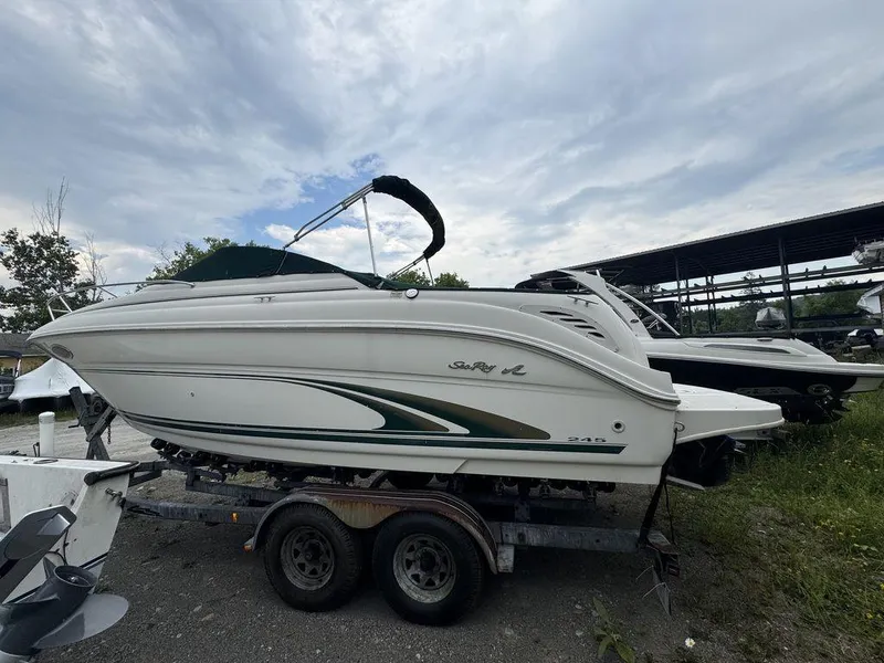 The Image of 1999 Sea Ray Weekender 240 boat on a trailer under a cloudy sky. - 1