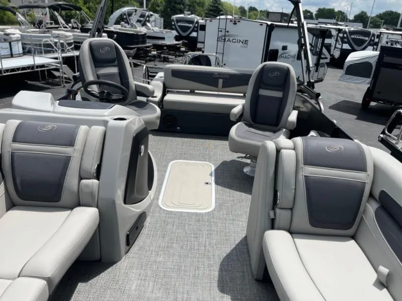Slide: The Image of 2024 Barletta Cabrio Ultra Lounge C24UC pontoon boat interior with luxurious seating. - 6