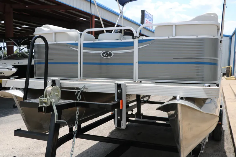 Slide: The Image of 2020 Qwest 818 EDGE pontoon boat on trailer, rear view. - 11