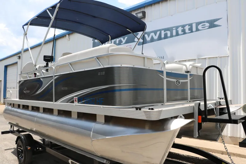 Slide: The Image of 2020 Qwest 818 EDGE pontoon boat with canopy on trailer. - 14