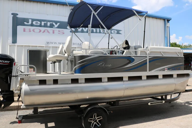 Slide: The Image of 2020 Qwest 818 EDGE pontoon boat with canopy on trailer. - 17
